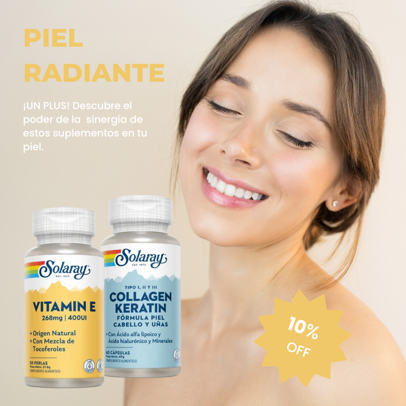 PACK PIEL RADIANTE: Vitamina E y Colágeno + Keratina, regeneradores de tejidos.