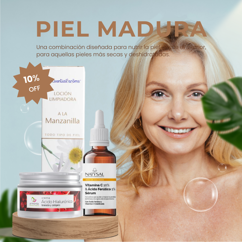 PACK PIEL MADURA: Limpiadora a la manzanilla, Serum vitamina C y crema de día de acido Hialurónico para  potenciar tu luz.