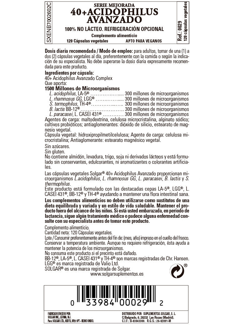 40 Plus Acidophilus Avanzado (no lácteo) - 120 Cápsulas vegetales