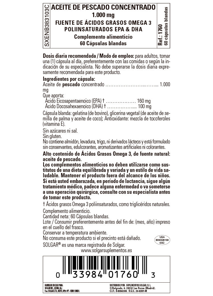 Aceite de Pescado Concentrado 1000 mg - 60 Cápsulas blandas