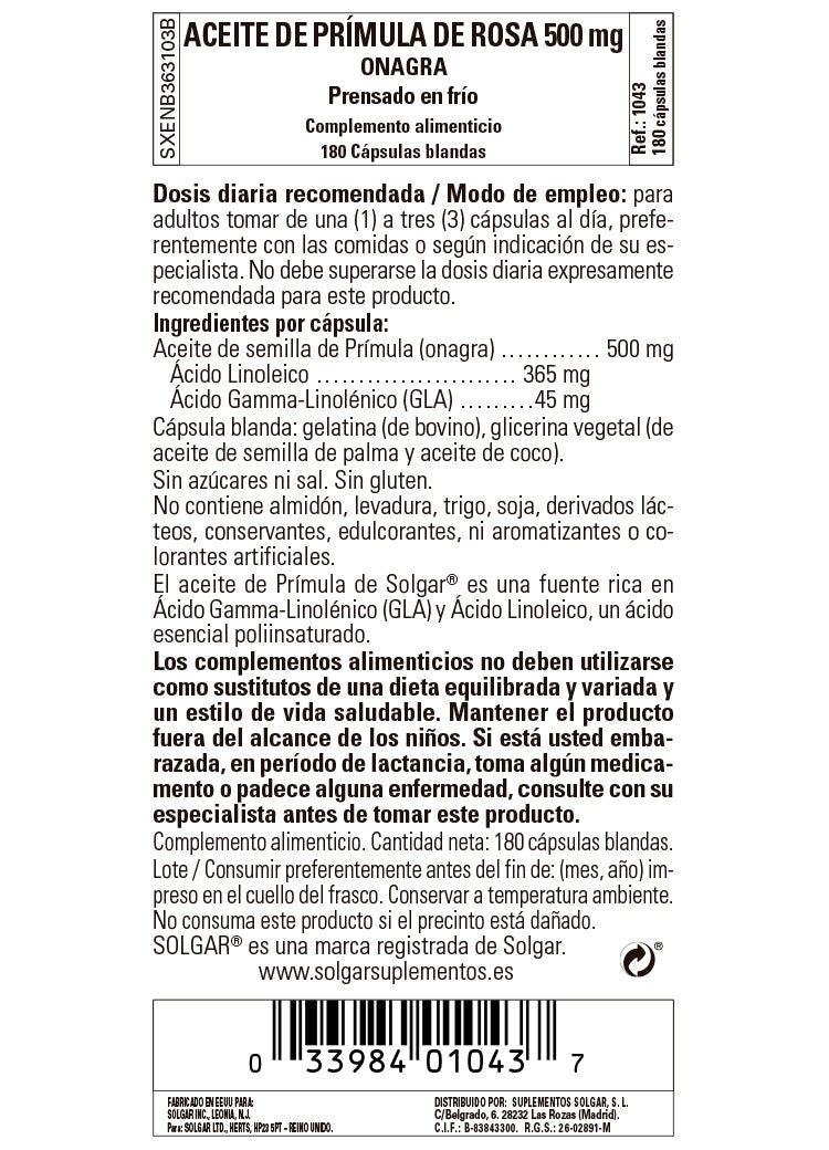 Aceite de Prímula de Rosa 500 mg - 180 Cápsulas blandas