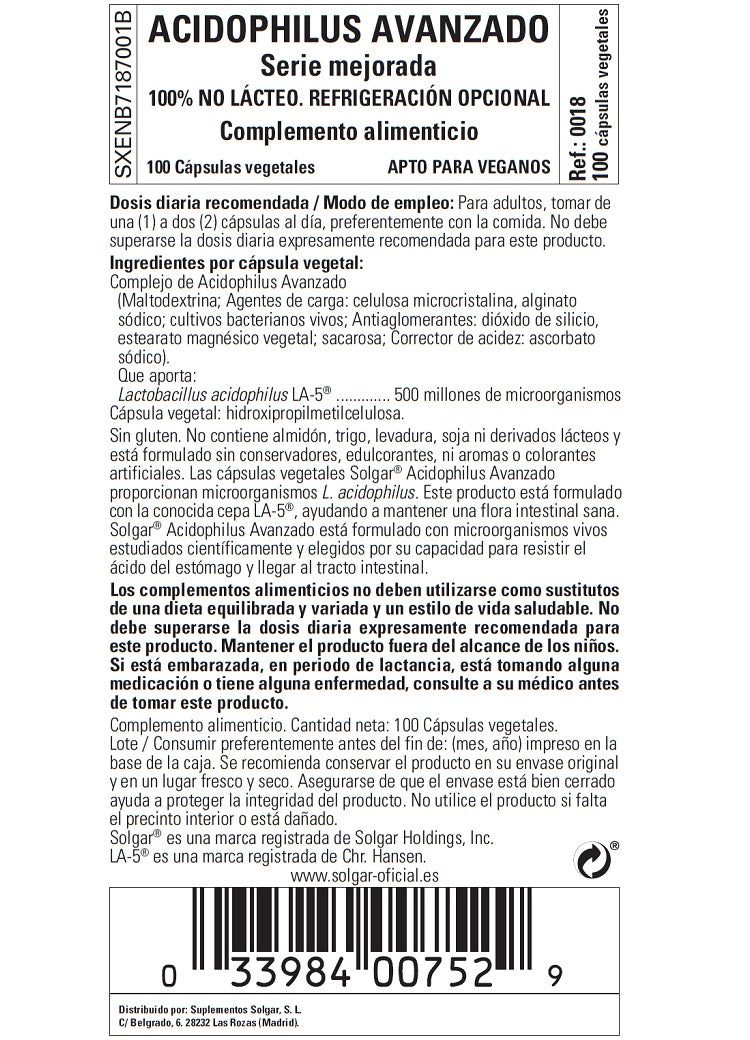 Acidophilus Avanzado (no lácteo) - 100 Cápsulas vegetales