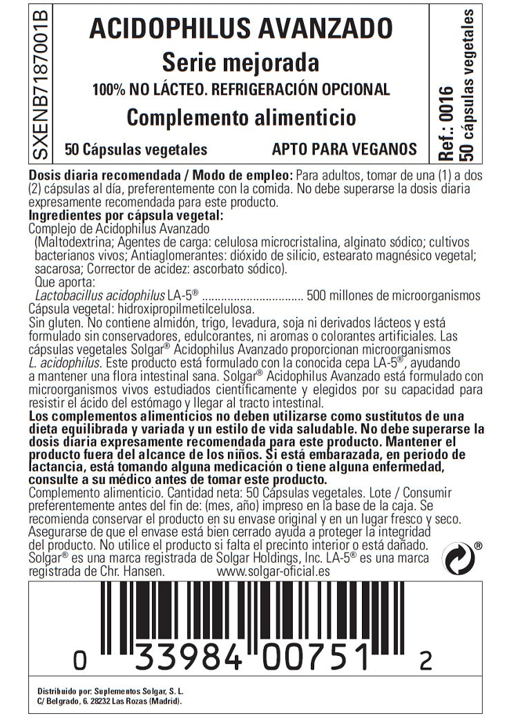 Acidophilus Avanzado (no lácteo) - 50 Cápsulas vegetales