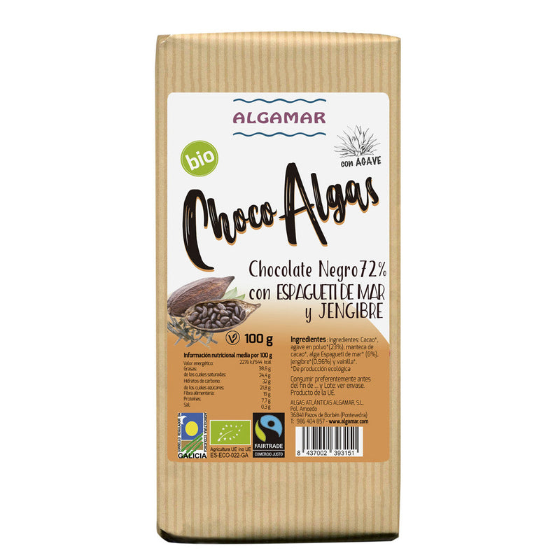 Chocolate negro con algas espagueti de mar, agave y jengibre 100 g Algamar