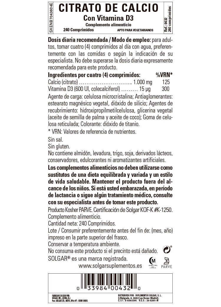 Citrato de Calcio con Vitamina D3 - 240 Comprimidos