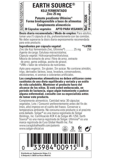 Earth Source® Koji Zinc 25 mg (zinc fermentado) - 30 Cápsulas vegetales