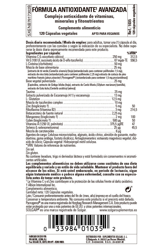 Fórmula Antioxidante Avanzada - 120 Cápsulas vegetales