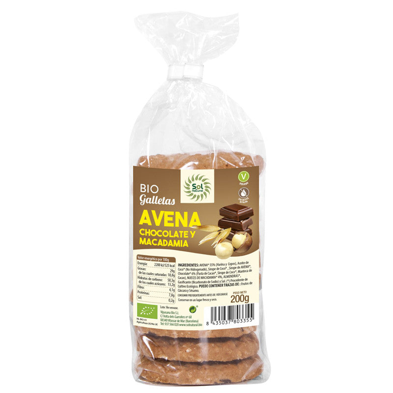 Galletas Avena Chocolate y Macadamia Bio 200g Sol Natural