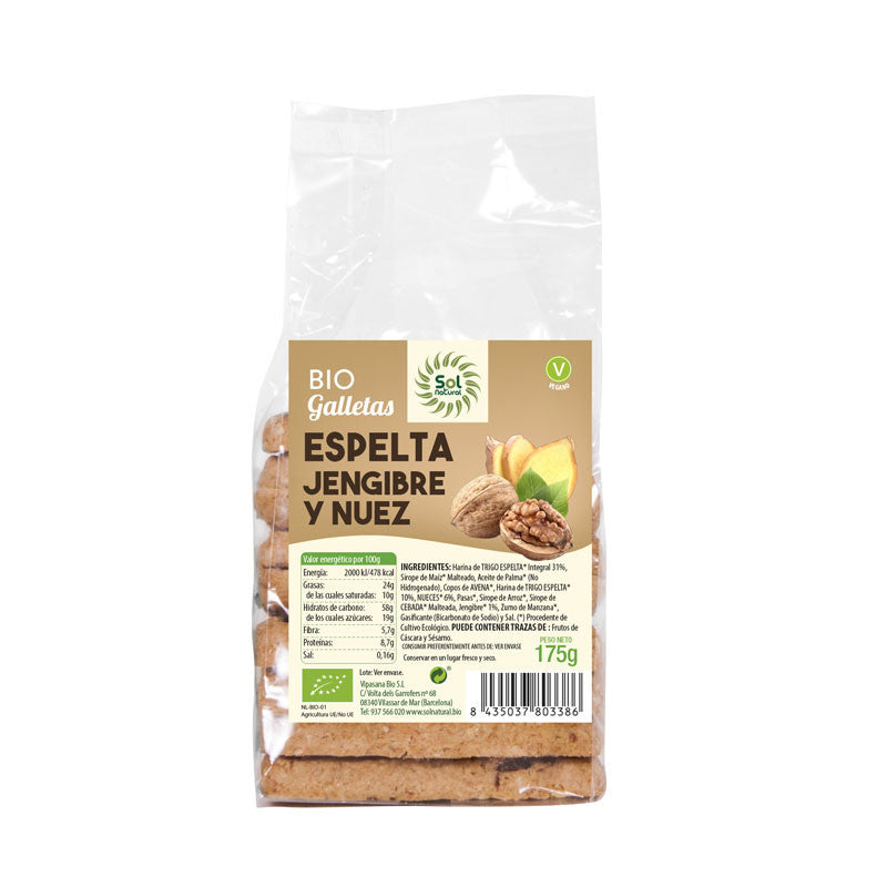 Galletas de espelta con jengibre y nueces bio 175g Sol Natural