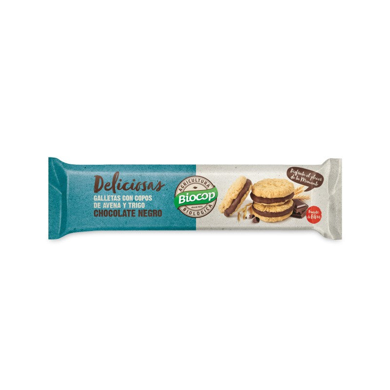 Galletas deliciosas con copos de avena y trigo rellena de choco negro bio 150g Biocop