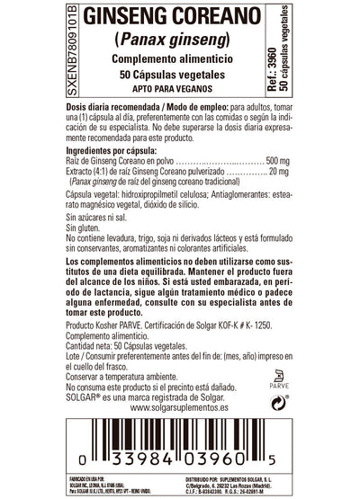 Ginseng Coreano Extracto de Raíz (Panax ginseng) - 50 Cápsulas vegetales