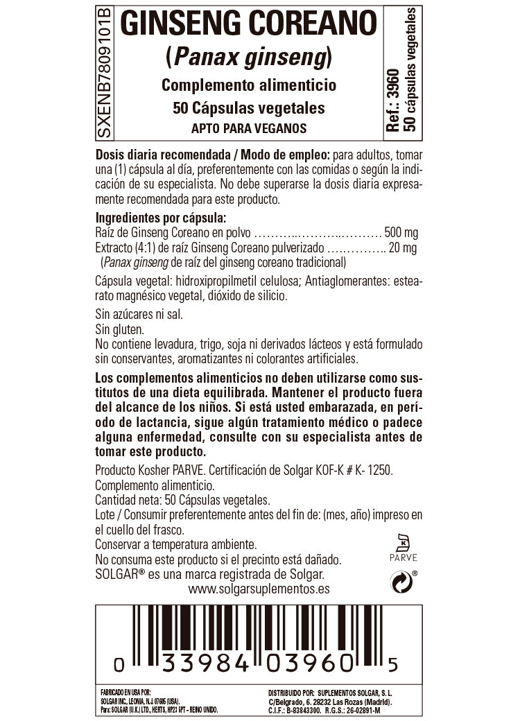 Ginseng Coreano Extracto de Raíz (Panax ginseng) - 50 Cápsulas vegetales