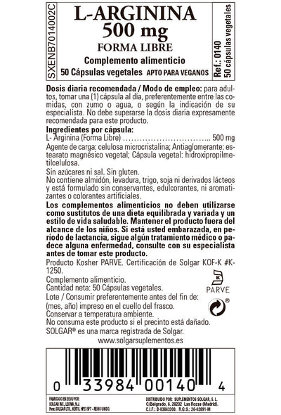 L-Arginina 500 mg - 50 Cápsulas vegetales