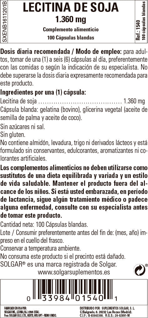 Lecitina de Soja 1360 mg - 100 Cápsulas blandas