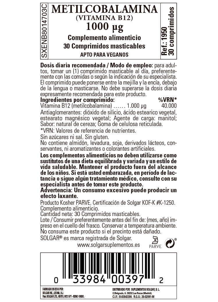 Vitamina B12 1000 mcg (Metilcobalamina) - 30 Comprimidos sublinguales - masticables