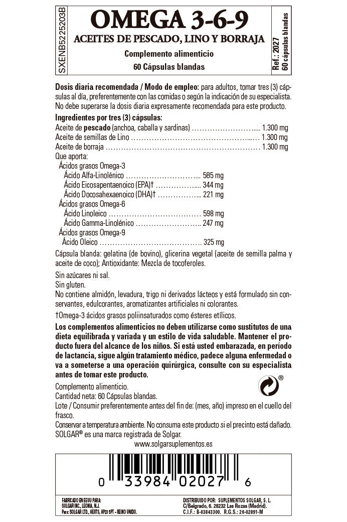 Omega 3-6-9 (Pescado, Lino y Borraja) - 60 Cápsulas blandas - Solgar