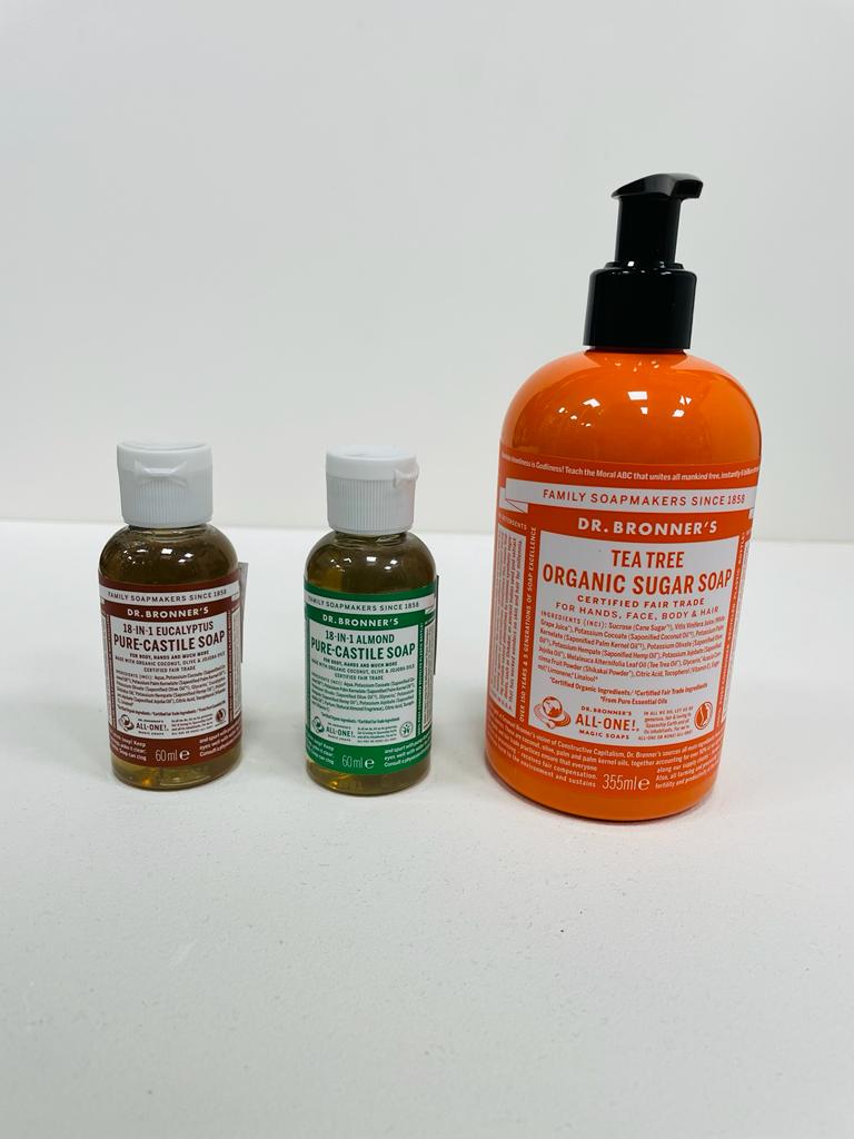 Pack Jabón líquido Eucalipto + Jabón Líquido Almendras + Jabón de Azúcar Árbol del Té - Dr. Bronner’s