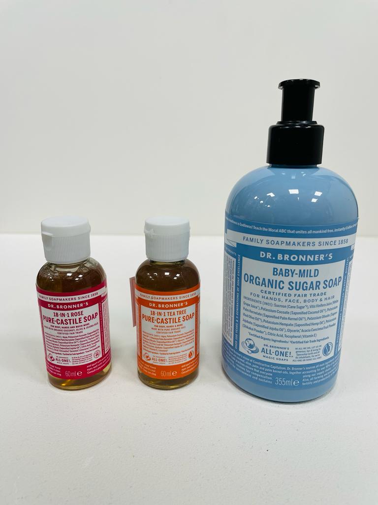 Pack Jabón de Azúcar Árbol del Té + Jabón líquido Rosas + Jabón de Azúcar Bebe Natural- Dr. Bronner’s