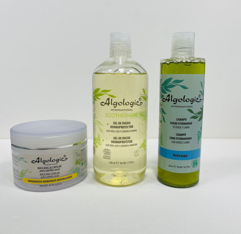 Pack Mascarilla Capilar hidratante + Gel de ducha  dermoprotector + Champú anticaspa - Algologie