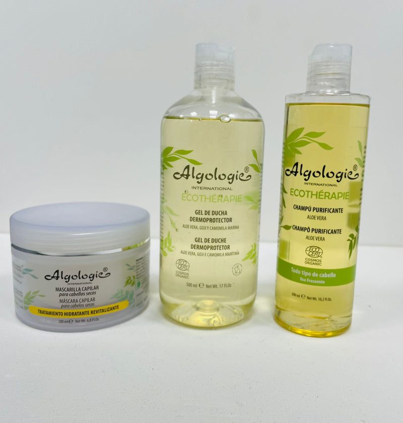 Pack Mascarilla Capilar hidratante + Gel de ducha  dermoprotector + Champú Aloe Vera - Algologie