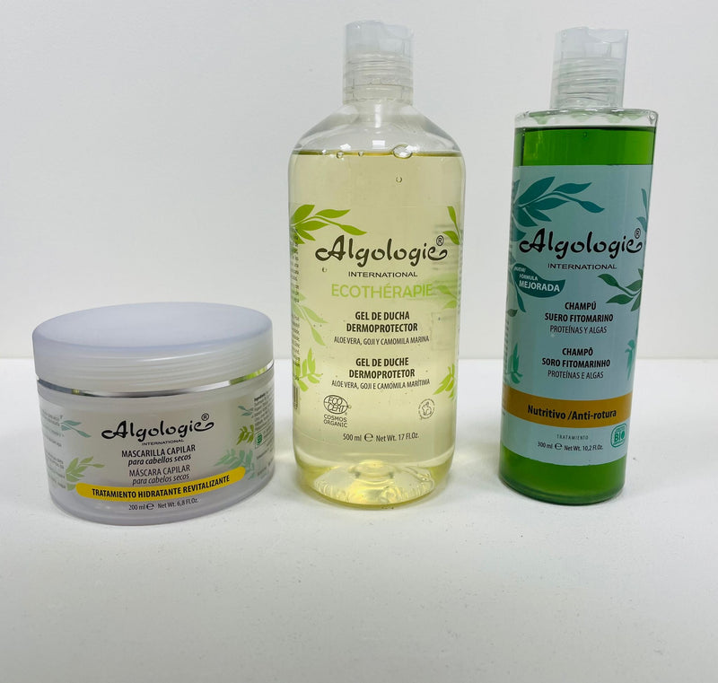 Pack Mascarilla Capilar hidratante + Gel de ducha  dermoprotector + Champú Nutritivo/Anti-rotura- Algologie