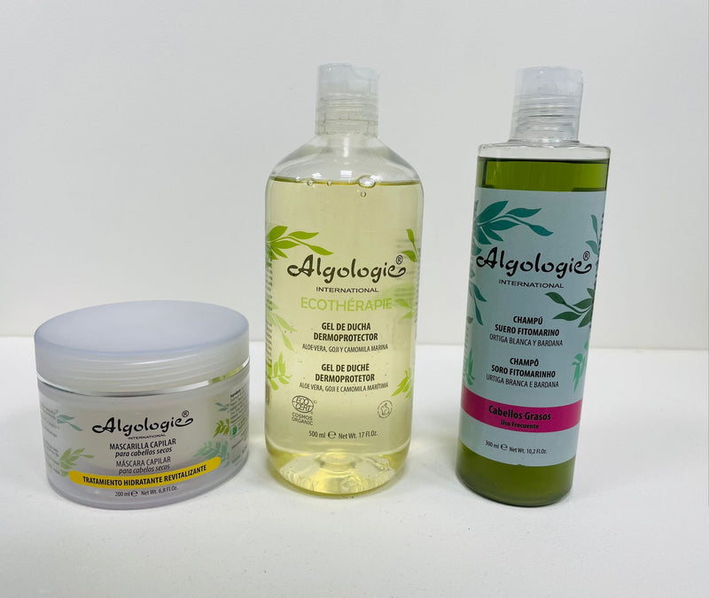 Pack Mascarilla Capilar hidratante + Gel de ducha  dermoprotector + Champú Cabellos grasos - Algologie