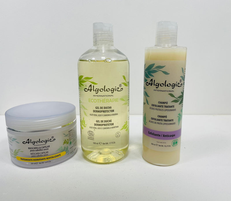 Pack Mascarilla Capilar hidratante + Gel de ducha  dermoprotector + Champú Exfoliante/Anticaspa - Algologie