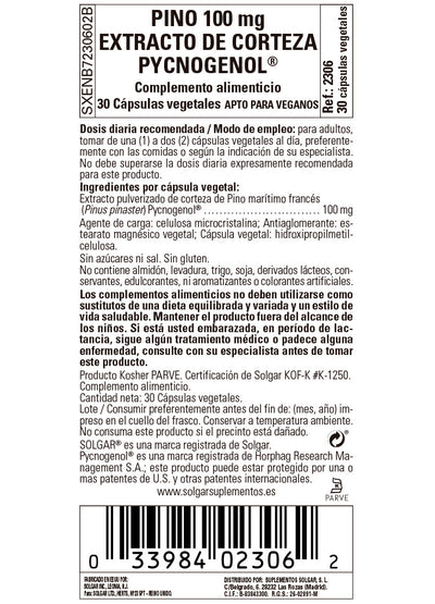 Pino 100 mg. Extracto de Corteza de Pino y Pycnogenol® - 30 Cápsulas vegetales