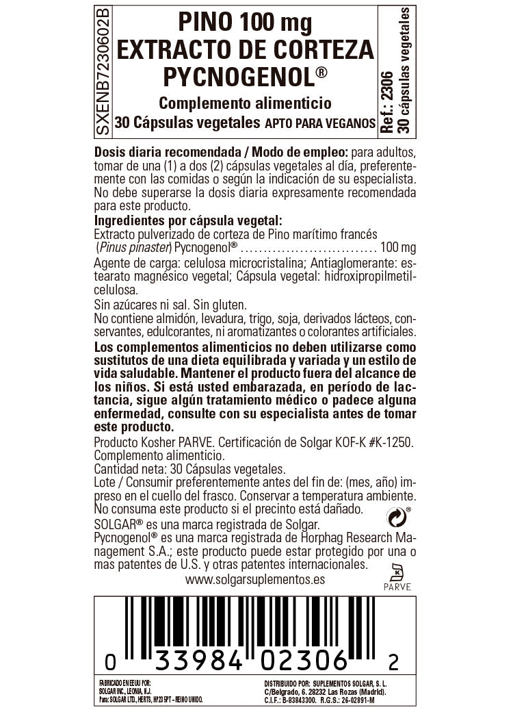 Pino 100 mg. Extracto de Corteza de Pino y Pycnogenol® - 30 Cápsulas vegetales