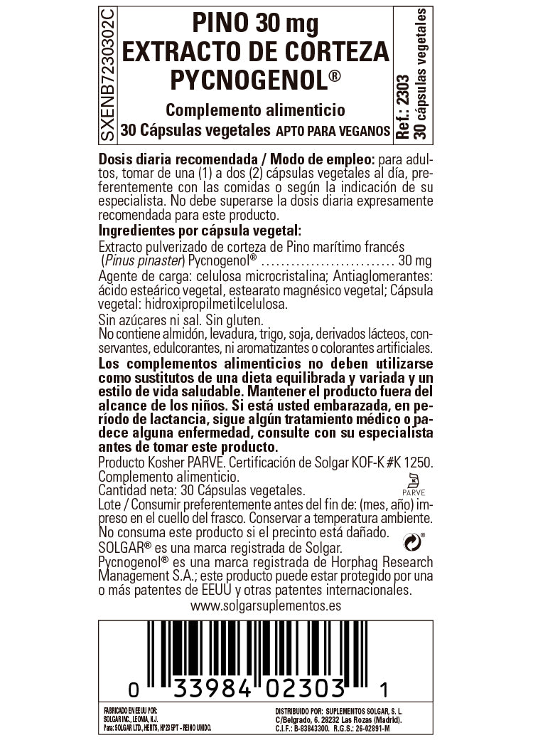 Pino 30 mg. Extracto de Corteza de Pino y Pycnogenol® - 30 Cápsulas vegetales