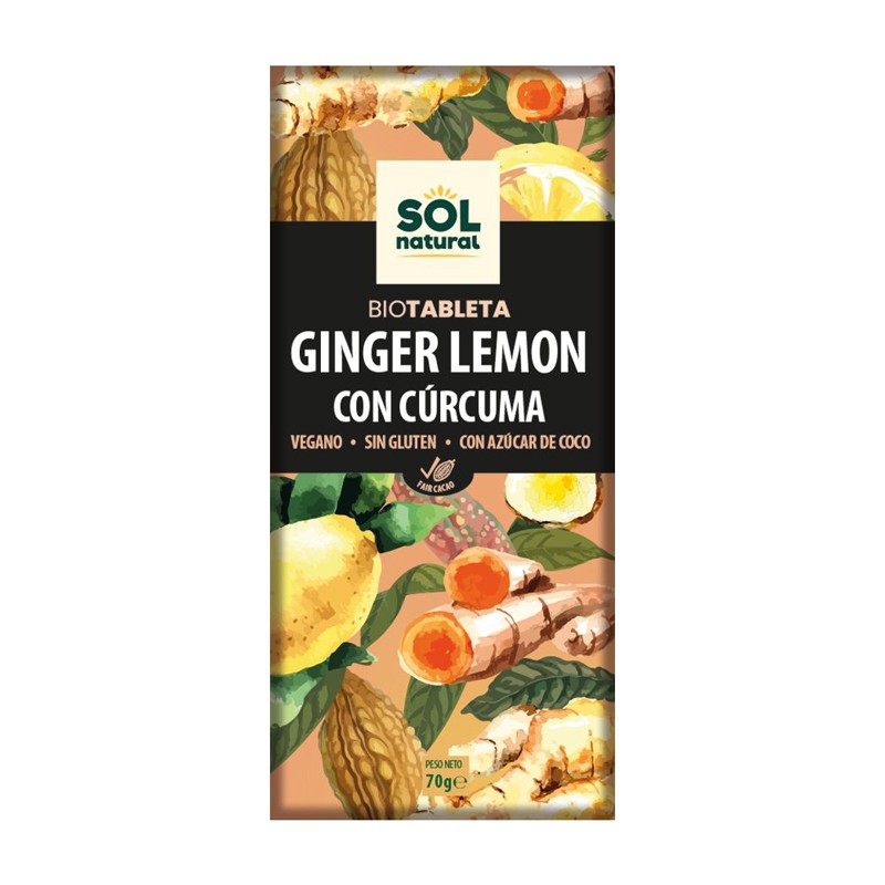 Tableta chocolate jengibre limon y curcuma bio 70g Sol Natural