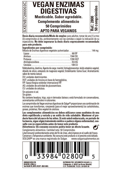 Vegan Enzimas Digestivas - 50 Comprimidos masticables