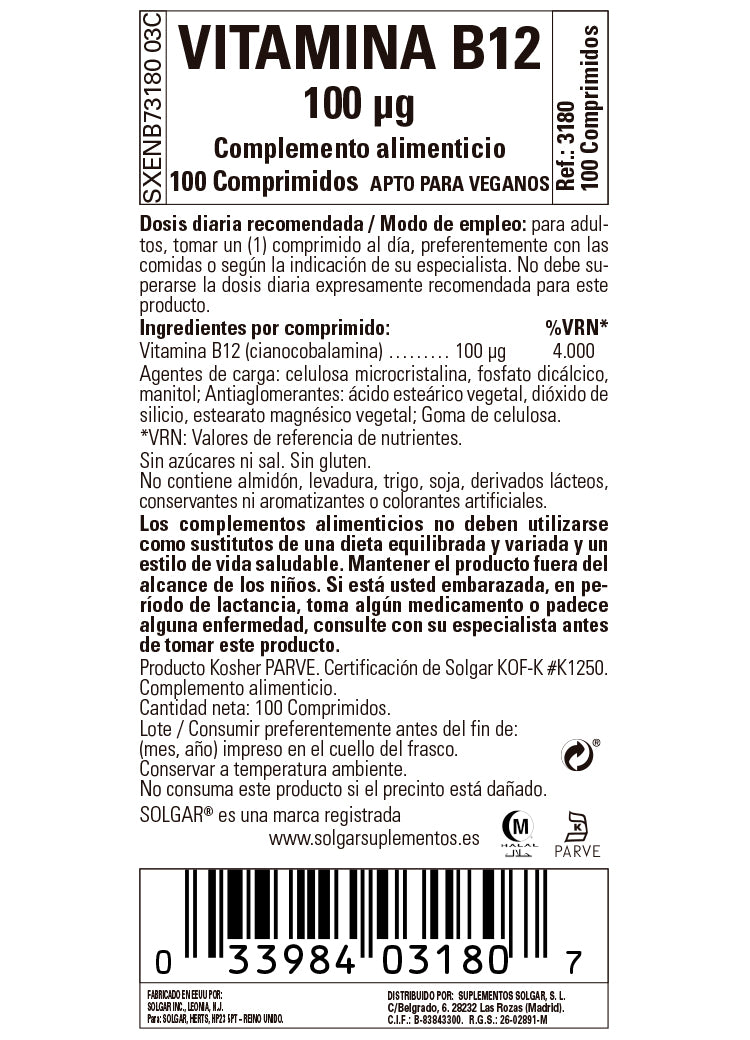 Vitamina B12 100 mcg (Cianocobalamina) - 100 Comprimidos