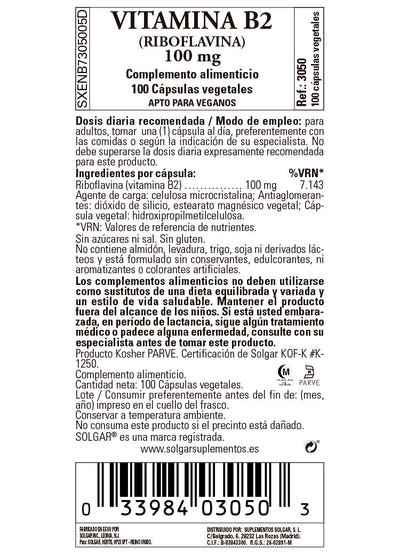 Vitamina B2 100 mg (Riboflavina) - 100 Cápsulas vegetales