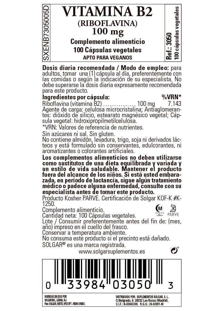 Vitamina B2 100 mg (Riboflavina) - 100 Cápsulas vegetales