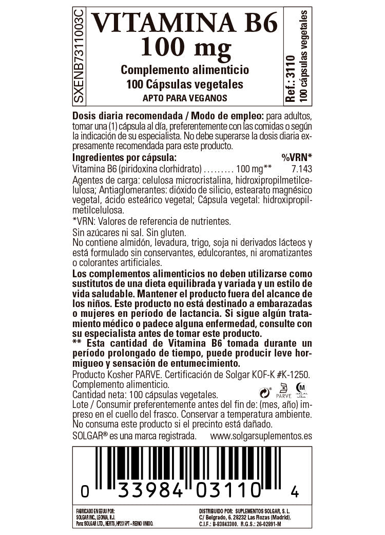 Vitamina B6 100 mg (Piridoxina) - 100 Cápsulas vegetales