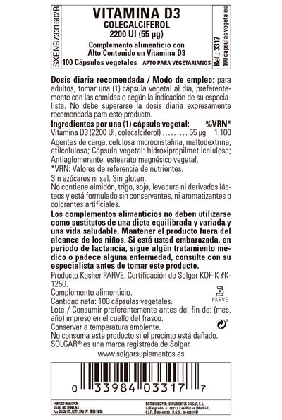 Vitamina D3 2200 UI (55 ?g)  (Colecalciferol) - 100 cápsulas vegetales