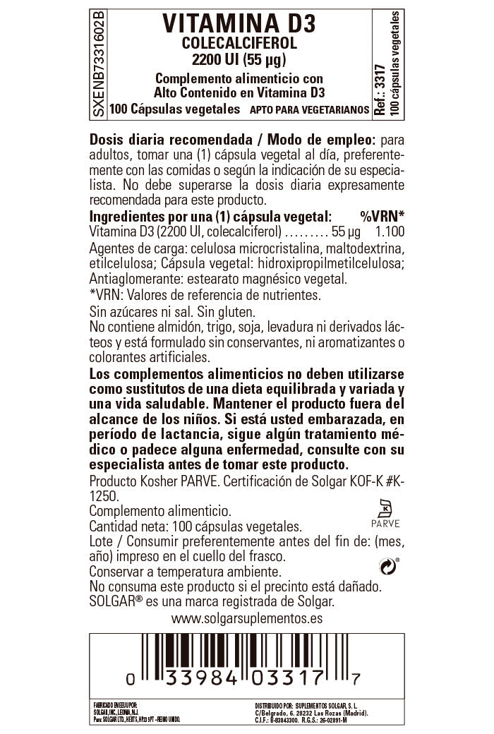 Vitamina D3 2200 UI (55 ?g)  (Colecalciferol) - 100 cápsulas vegetales