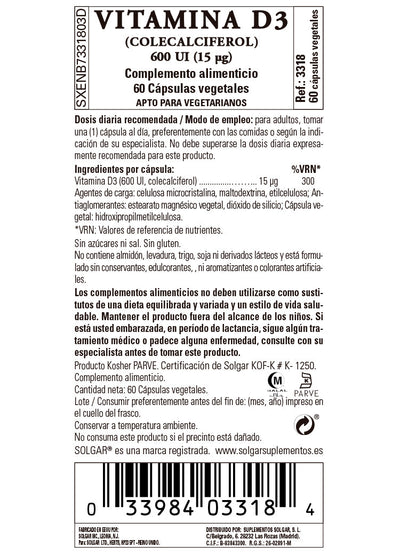 Vitamina D3 600 UI (15 ?g) (Colecalciferol) - 60 cápsulas vegetales