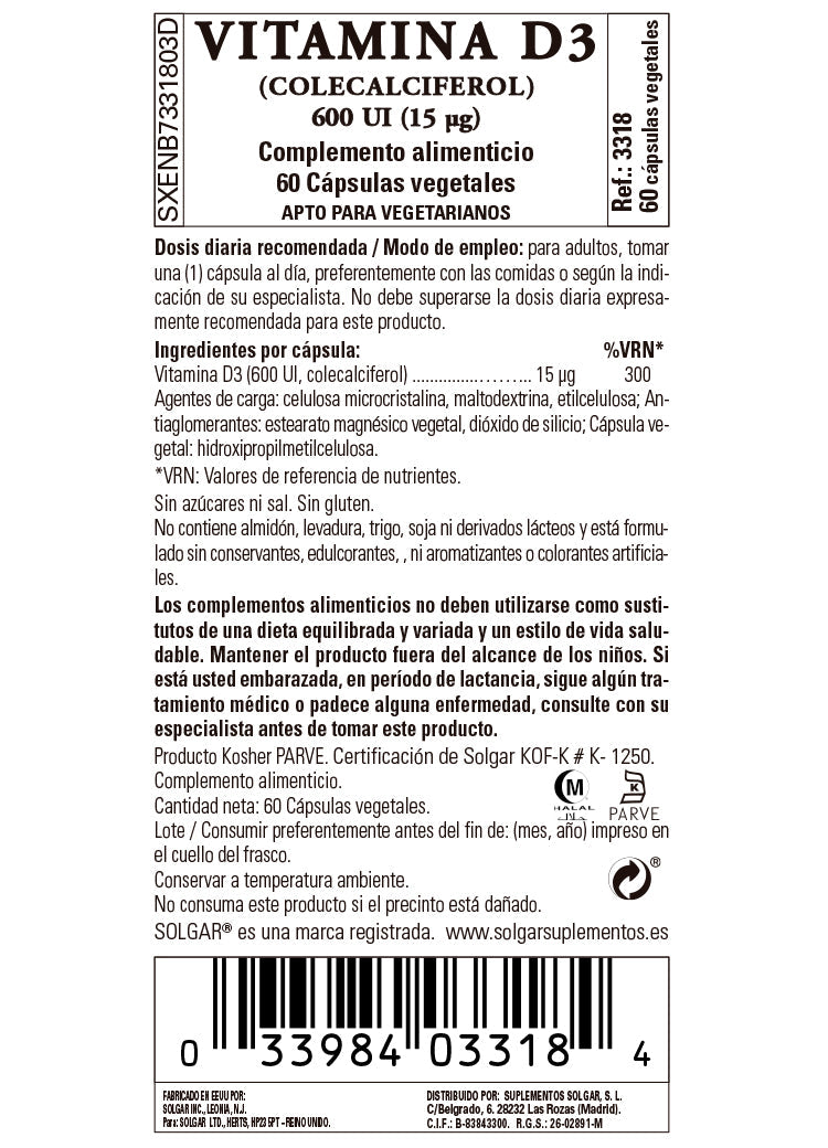 Vitamina D3 600 UI (15 ?g) (Colecalciferol) - 60 cápsulas vegetales