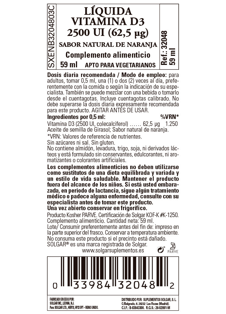 Vitamina D3 Líquida 2500 UI (62,5 µg) - Sabor naranja natural - 59 ml