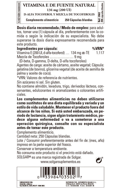 Vitamina E 200 UI (134 mg) - 250 Cápsulas blandas