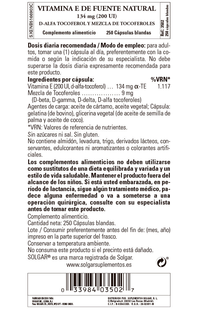 Vitamina E 200 UI (134 mg) - 250 Cápsulas blandas