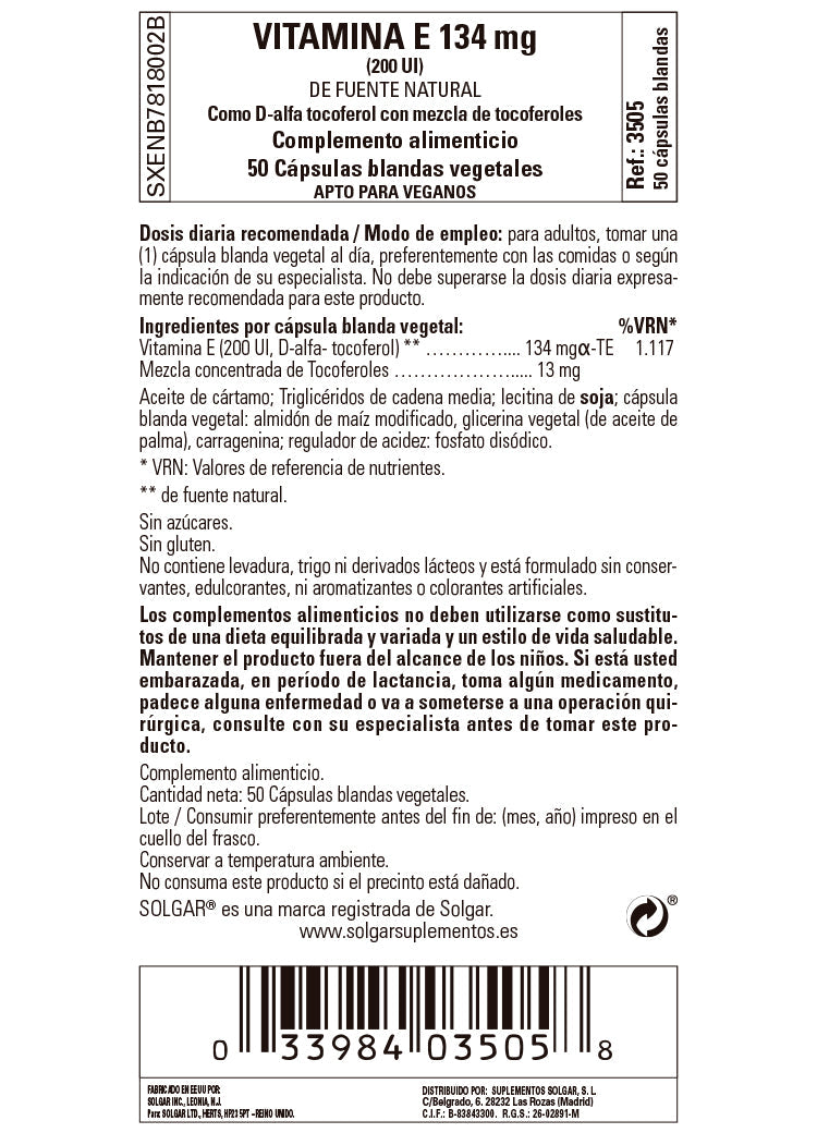 Vitamina E 200 UI (134 mg) - 50 Cápsulas blandas vegetales