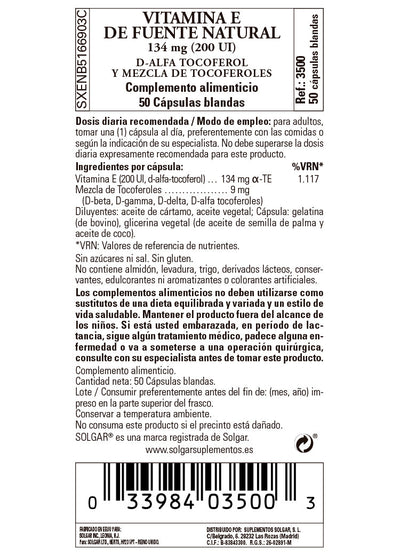 Vitamina E 200 UI (134 mg) - 50 Cápsulas blandas