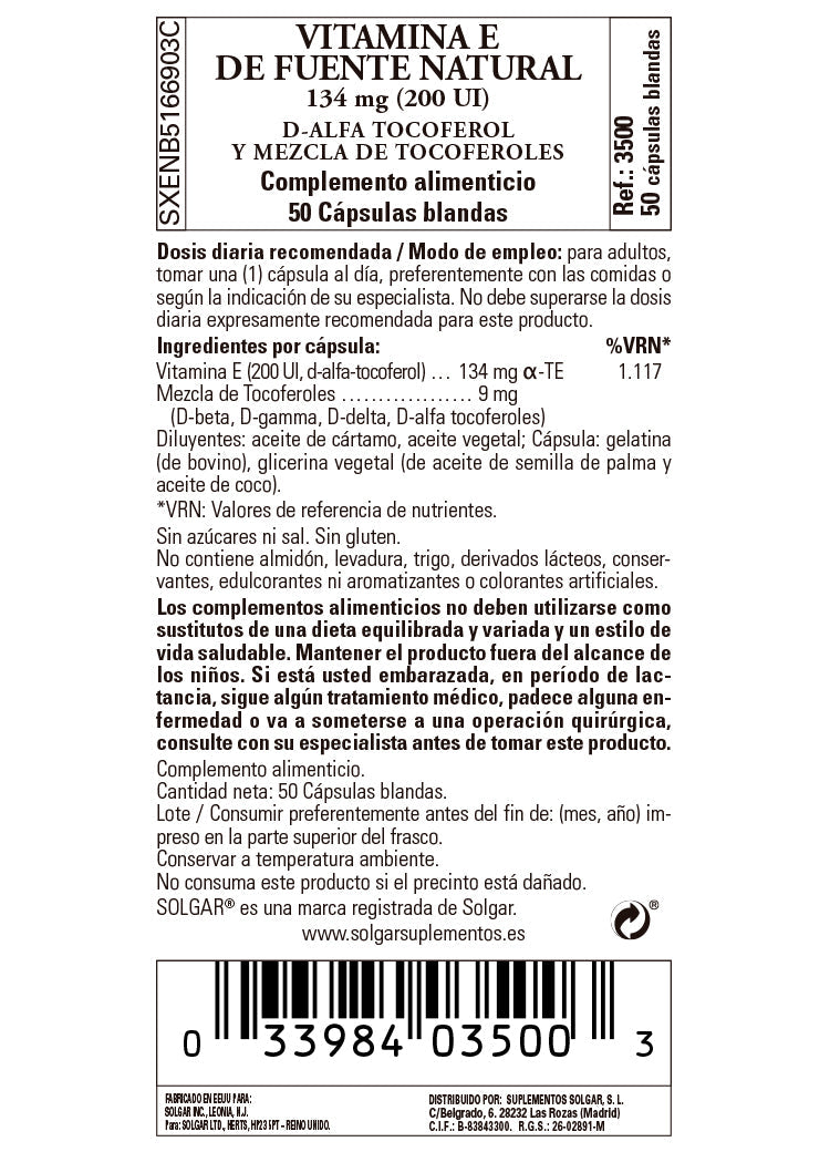 Vitamina E 200 UI (134 mg) - 50 Cápsulas blandas