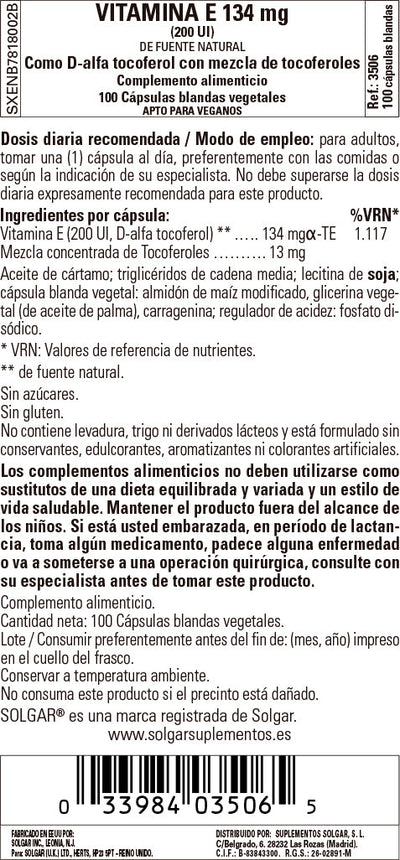 Vitamina E 200 UI (134 mg) - 100 Cápsulas blandas vegetales