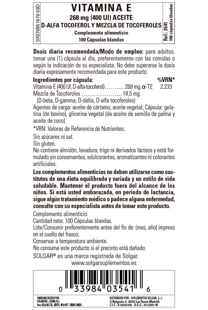 Vitamina E 400 UI (268 mg) - 100 Cápsulas blandas